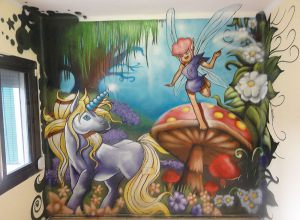 Mural Infantil Unicornio Con Hada En Un Bosque Con Setas 300x100000