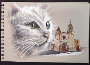 Dibujo Urbano Cuaderno Gato Blanco Iglesia Sitges 300x100000
