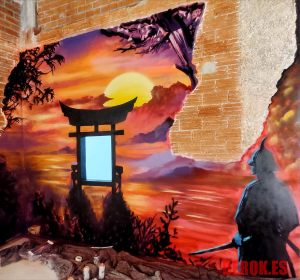 Mural Japon Puesta De Sol Samurai Graffiti Ventana Trampantojo 300x100000