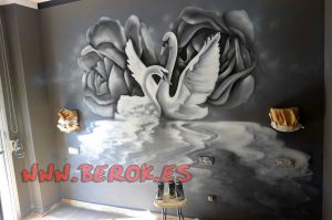 Mural Cisnes Dormitorio Grises 300x100000