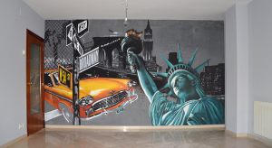 Mural Comedor Pintado Sobre Fondo Veneciano Negro. 300x100000