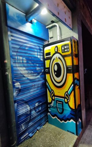 Mural Lavanderia Autoservicio Minion Barcelona Burbujas Persiana 300x100000