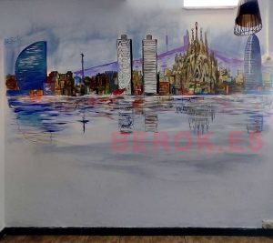 Mural Graffiti Skyline Barcelona Color Interior Sagrada Familia Acabada 300x100000