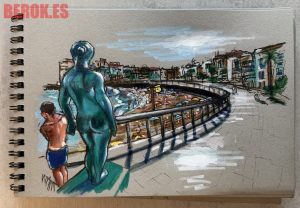Urban Sketch Escultura Dona Sitges Mar Paseo Playa Acuarela Cuaderno Viaje 300x100000